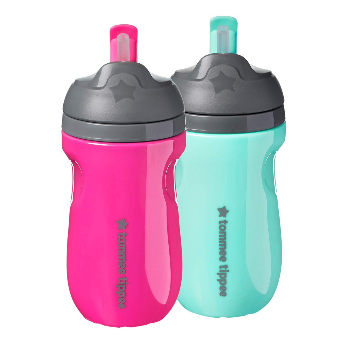 Tommee Tippee Sporty Straw Bottle, 9oz, Spill Proof Toddler Water Bottle for 12 Months+, Flip Lid Helps Keep Straw Clean, Pink & Mint, 2 Count