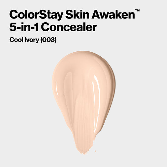 Revlon ColorStay Skin Awaken 5-in-1 Concealer, Lightweight, Creamy Longlasting Face Makeup with Caffeine & Vitamin C, For Imperfections, Dark Circles & Redness, 003 Cool Ivory, 0.27 fl oz/ 8ml