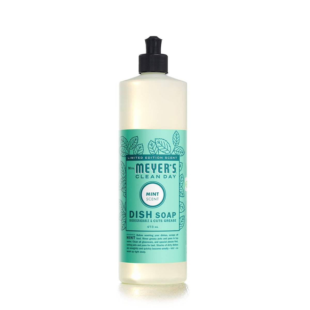 Mrs. Meyer's Clean Day Dish Soap, Cruelty Free and Biodegradable Dishwashing Liquid, Mint Scent, 474 ml Bottle