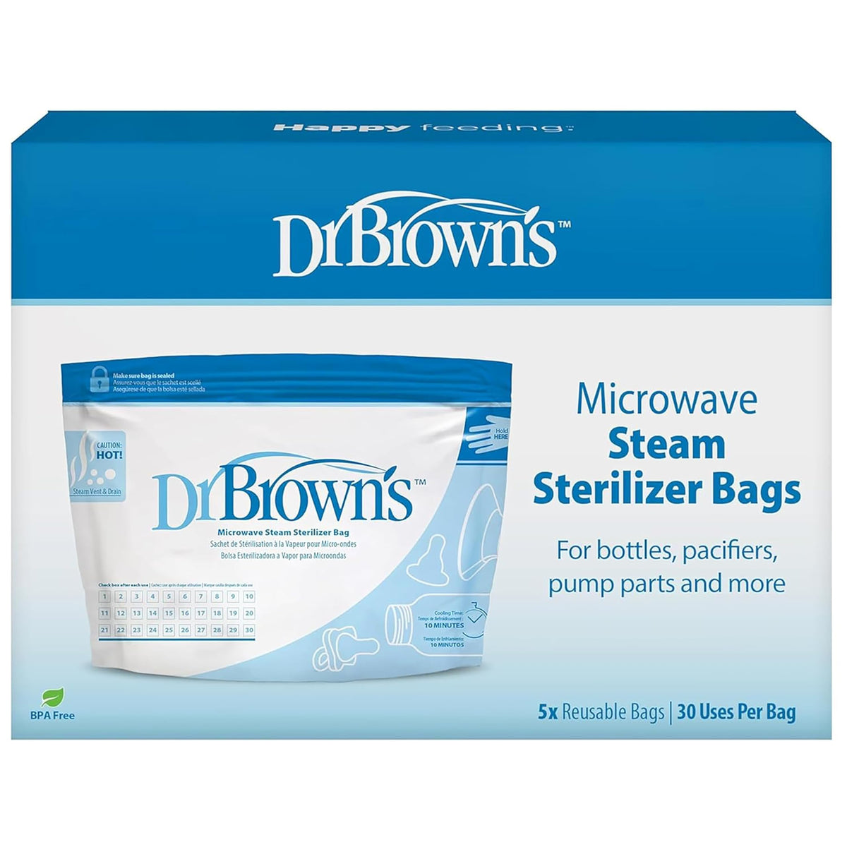 Dr. Brown’s Microwave Steam Sterilizer Bags for Baby Bottles, Pacifiers, Pump Parts and Accessories, Travel Baby Bottle Sterilizer, 30 Uses per Bag, 5-Pack