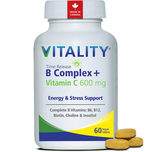 VITALITY Time Release B Complex + Vitamin C 600 mg - For Energy & Stress Support, Canadian Made, With Folate, Biotin, Inositol, Choline & PABA, 60 Tablets