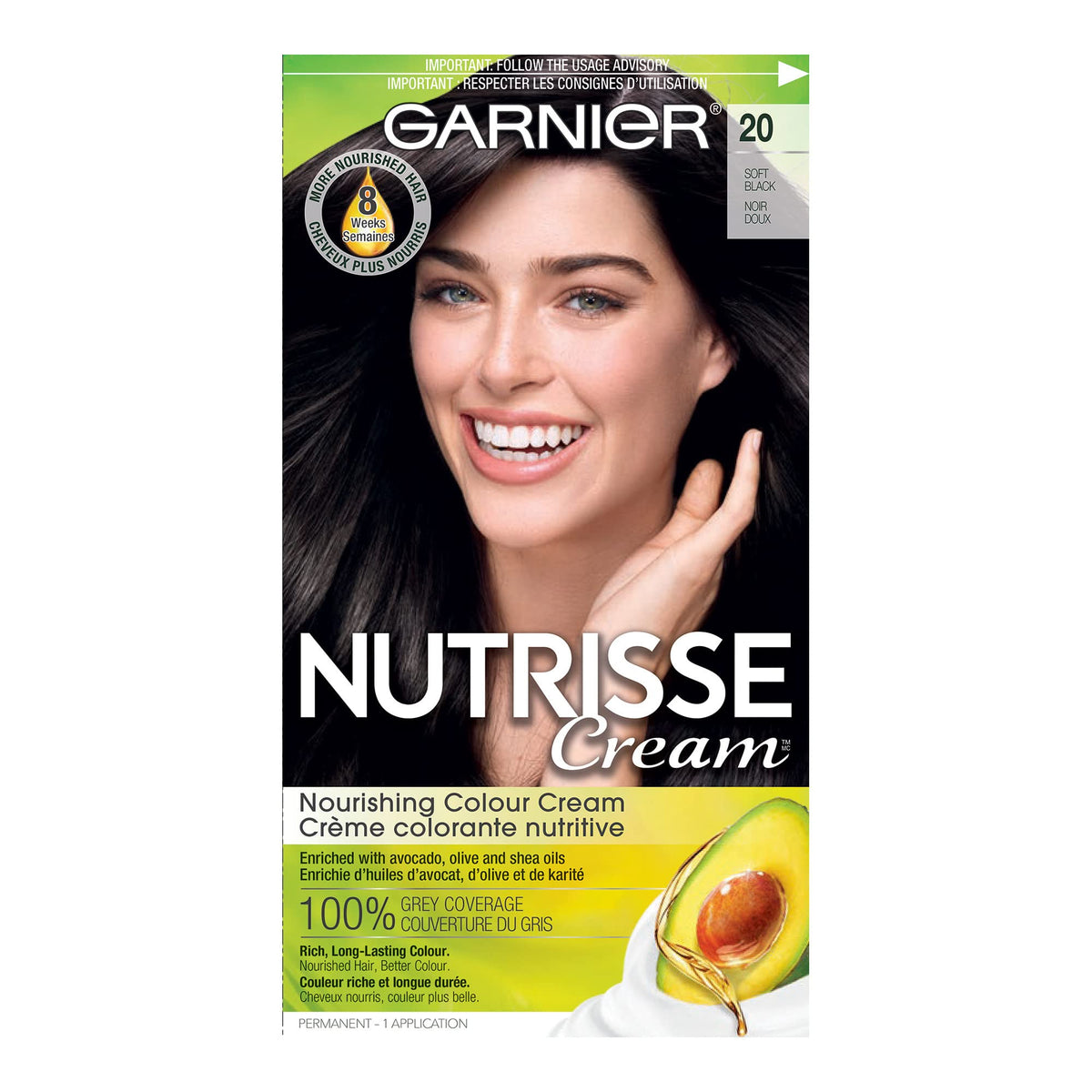 Garnier Nutrisse Ultra Crème, Permanent Hair Dye, 100% Grey Coverage, Vegan Formula, Nourished Hair, Long-Lasting Rich Colour, 20 Soft Black, 1 Application, Packaging May Vary