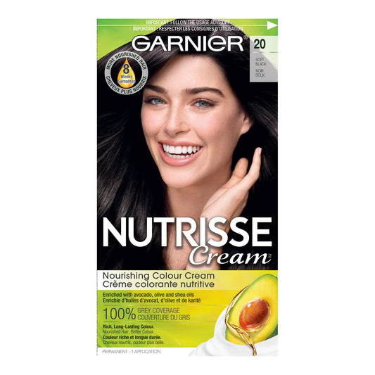 Garnier Nutrisse Ultra Crème, Permanent Hair Dye, 100% Grey Coverage, Vegan Formula, Nourished Hair, Long-Lasting Rich Colour, 20 Soft Black, 1 Application, Packaging May Vary