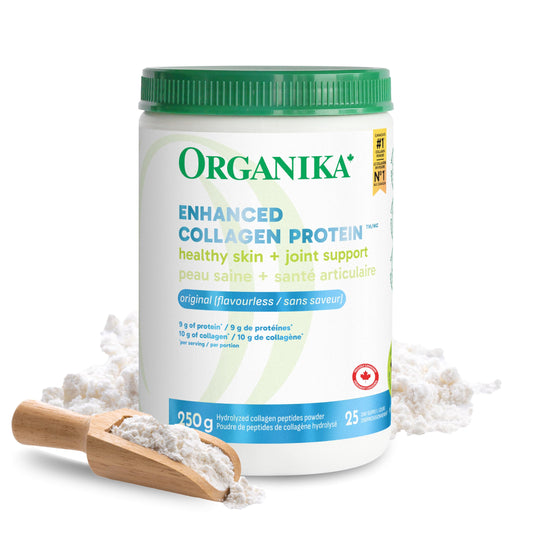Organika Canadian-Made Enhanced Collagen Powder - for Healthy Hair, Skin, Nails, and Joints. Hydrolyzed Protein Peptides for Better Absorption- Grass-Fed, Non-GMO- Unflavoured- 250g