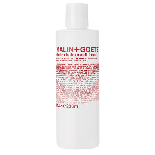 Malin + Goetz Cilantro conditioner — residue-free, lightweight scalp treatment. conditions, detangles, balances pH, intensely hydrates. tames frizz for all hair types. vegan & cruelty-free, 8 Fl oz