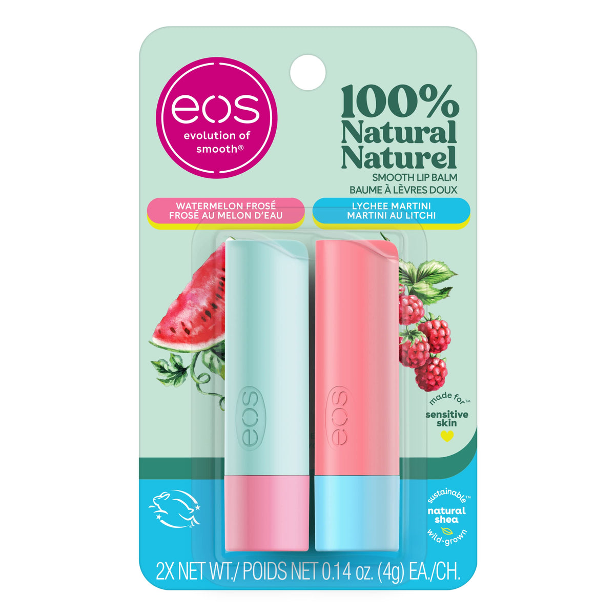 eos 100% Natural Lip Balm Sticks, Watermelon Frosé and Lychee Martini, All-Day Moisture, 4g, 2-Pack