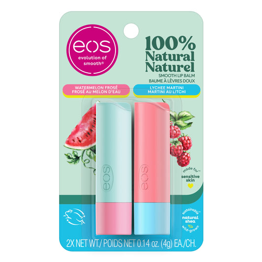 eos 100% Natural Lip Balm Sticks, Watermelon Frosé and Lychee Martini, All-Day Moisture, 4g, 2-Pack