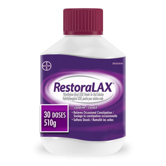 RestoraLAX Powder Laxative, Effective Relief, No Taste, No Grit, No Gas, No Bloating, No Cramps, No Sudden Urge, 30 Doses, 510 grams