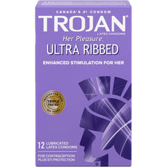 TROJAN Her Pleasure Ultra Ribbed Lubricated Latex Condoms, Feel the Pleasure & Not the Condom, Enhanced Stimulation and Pleasure for Her, Ribbed and Contoured Design, 12 Count (Pack of 1)