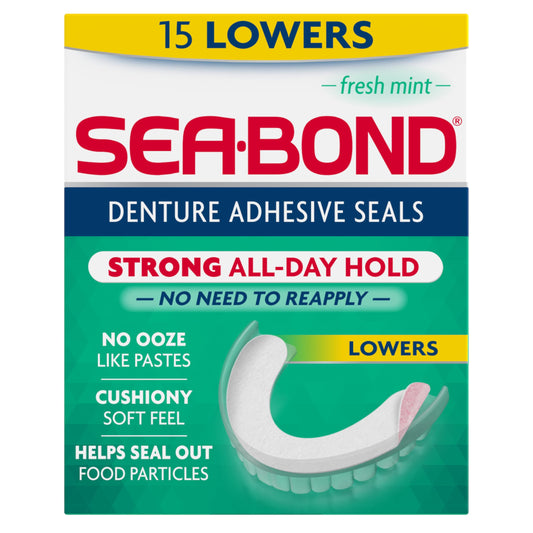 Sea Bond Secure Denture Adhesive Seals, Fresh Mint Lowers, Zinc-Free, All-Day Hold, Mess-Free, 15 Count