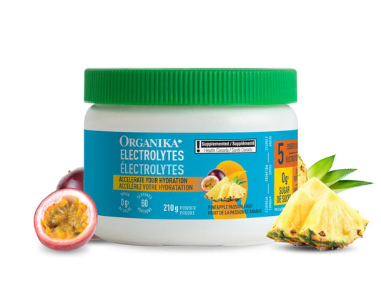 Organika Canadian-Made Electrolytes Powder- Pineapple Passionfruit- Sugar-Free Hydration and Electrolyte Replenishment- 210g - 60 servings