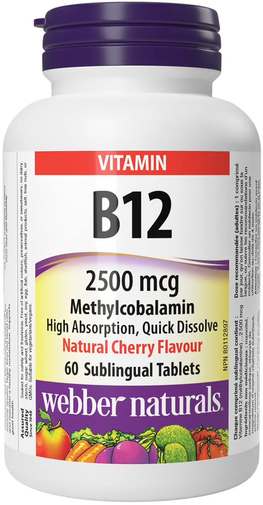 Webber Naturals Vitamin B12 2500 mcg, Quick Dissolve, 60 Tablets, Natural Cherry Flavour, Supports Energy Production and Metabolism