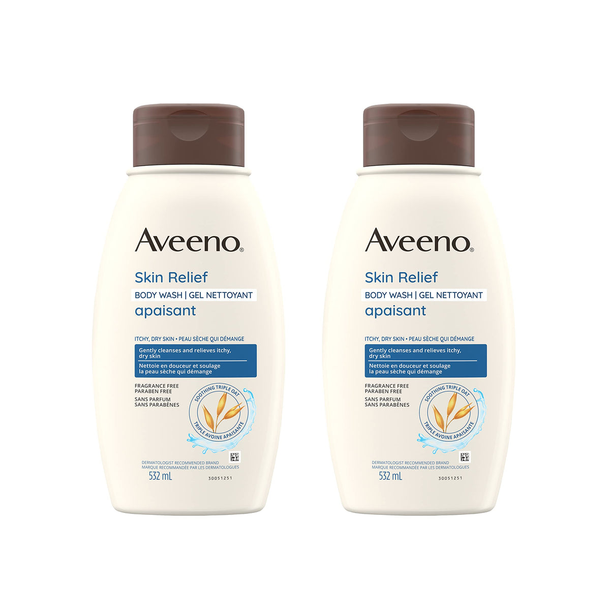 Aveeno Body Wash for Dry & Sensitive Skin with Colloidal Oatmeal – Unscented Hypoallergenic Cleanser Moisturizes & Soothes Itchy Skin, Fragrance Free Formula, Pack of 2 (1064 ml Total)