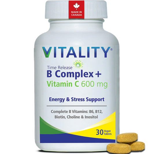 VITALITY Time Release B Complex + Vitamin C 600 mg - For Energy & Stress Support, Canadian Made, With Folate, Biotin, Inositol, Choline & PABA, 30 Tablets