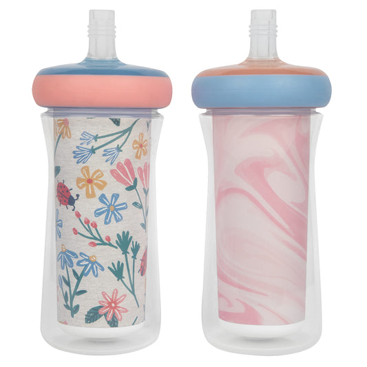 The First Years Insulated Straw Cups for Toddlers for Milk 2pk – Ladybug & Marbled – Pink & Blue