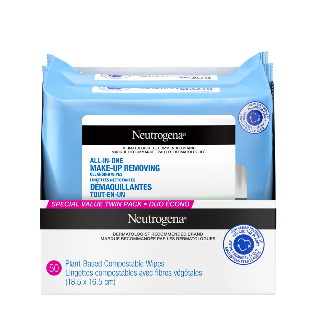 Neutrogena All in One Makeup Remover Cleansing Fragrance-Free Wipes - Alcohol-free, Sensitive Skin, Compostable, Duo pack, 50 wipes