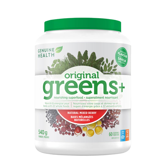 Genuine Health Greens+ Original, 60 servings, 540g, Superfoods, antioxidants and polyphenols to nourish and energize your body, Mixed berry flavoured powder, Dairy and gluten-free