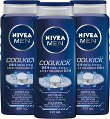 NIVEA MEN Cool Kick Body Wash | 3-in-1 Men Shower Gel (Body, Face & Hair), 3x500mL