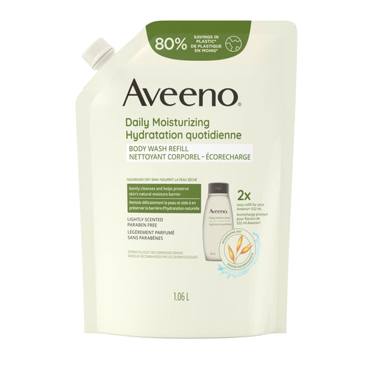 Aveeno Daily Moisturizing Body Wash for Dry & Sensitive Skin with Prebiotic Oat, Hydrating Oat Body Wash Nourishes Dry Skin & Gently Cleanses, Light Fragrance, Sulfate-Free, 1.06L, Refill Pack