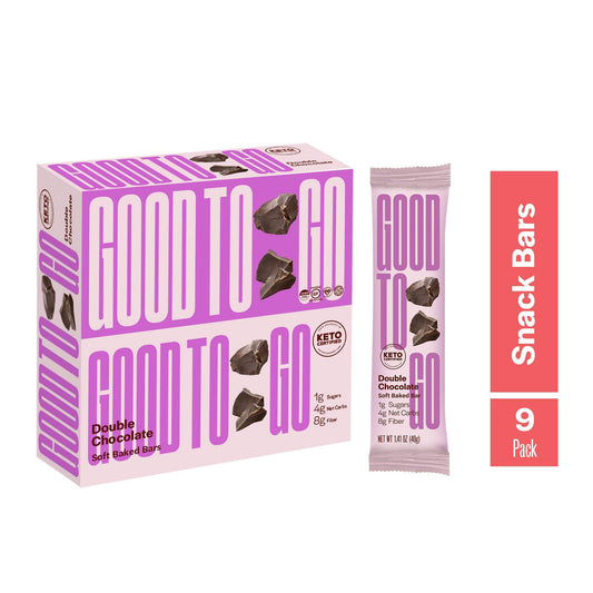 GOODTO GO Double Chocolate Soft Baked Bars, Net Weight/Bar 1.41 oz. Caddies. Each caddy carries 9 snack bars; These Delicious Snacks Contain Organic Ingredients, Keto Certified, Non-GMO Project Verified, Gluten Free Ingredients, Peanut Free, Vegan, Kosher