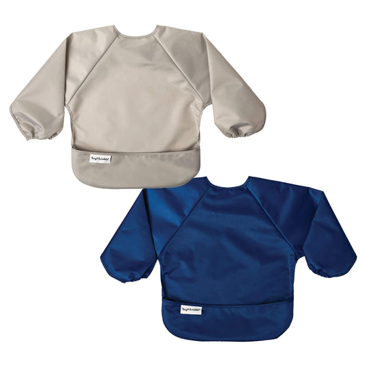 Tiny Twinkle Mess Proof Baby Bib, 2 Pack Long Sleeve Bib Outfit, Waterproof Bibs for Toddlers, Machine Washable, Tug Proof Grey, Indigo 6-24M
