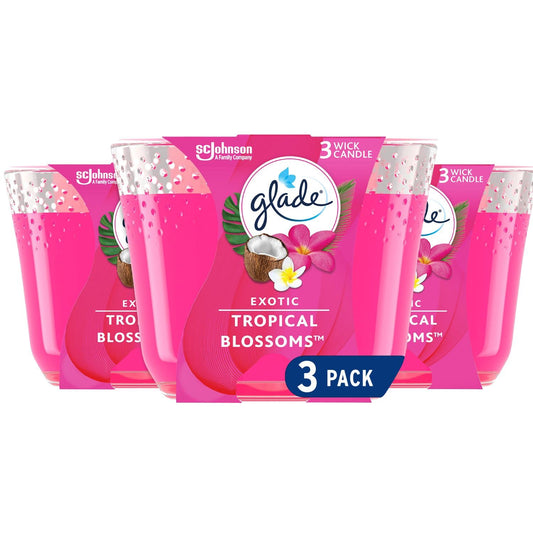 Glade Scented Candle, Exotic Tropical Blossoms, Air Freshener Infused with Essential Oils for Home Fragrance, 3-Wick Candle, 3 Count