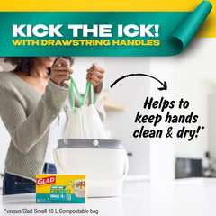 Glad 100% Compostable Drawstring Bags - Small 10 Litres - Drawstring, 30 Compost Trash Bags - Unscented