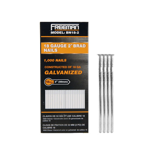 Freeman 18-Gauge Brad Nails, 2 Inch, Glue Collated Galvanized, 1000 Count, for Trim, Molding and Baseboards, Fits Most 18-Gauge Pneumatic, Electric Brad Nailers – BN18-2