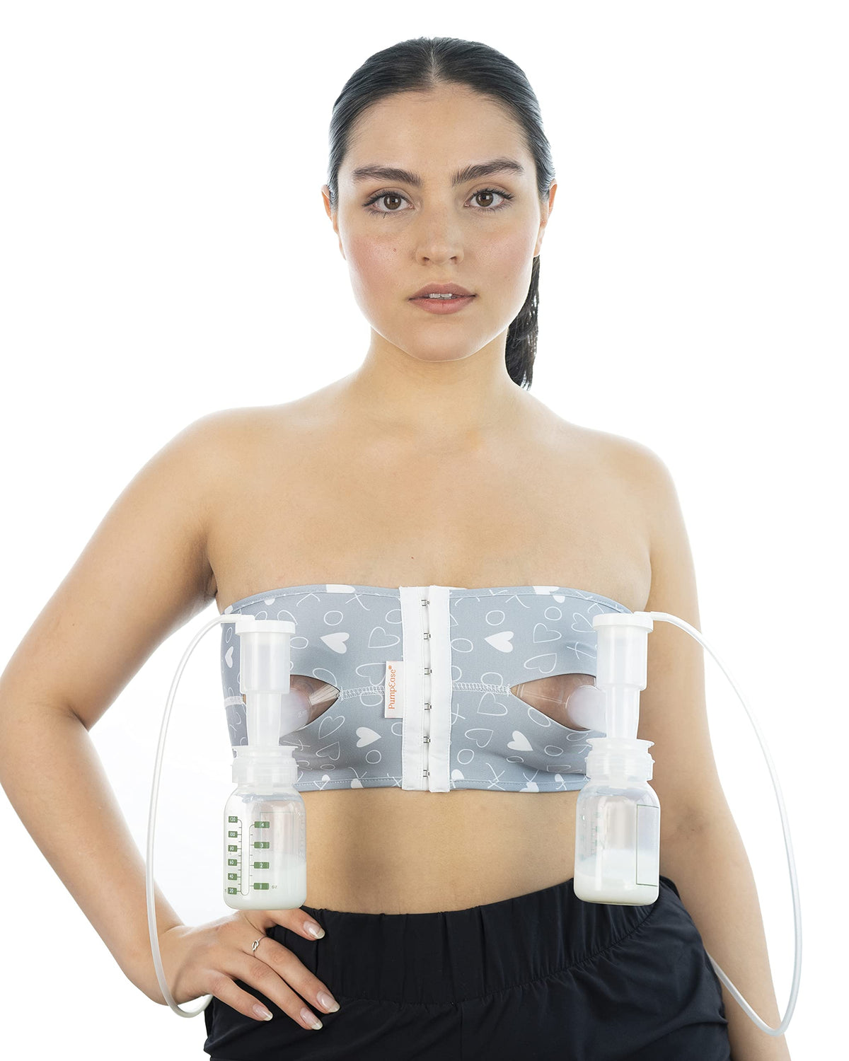 Hands Free Pumping Bra | Snugabell PumpEase adjustable and comfortable pumping bra made with spandex technical fabric, supports two breast pumping bottles & flanges | Grey XO Size L