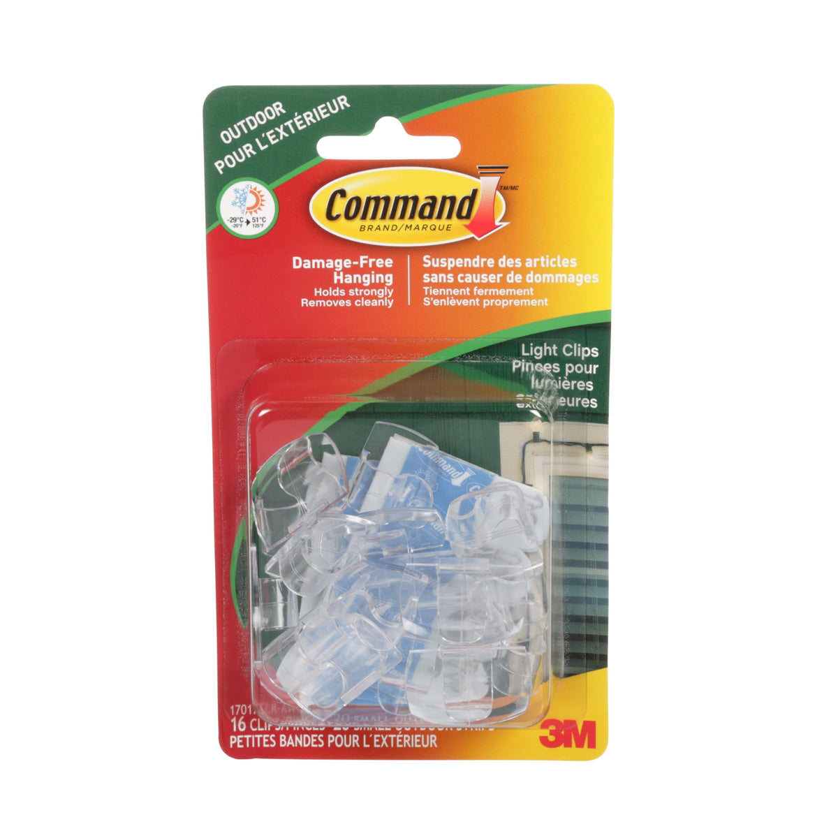 Command Outdoor Light Clips, 16 Clear Clips with 20 Weather-Resistant Command Strips, Damage-Free Hanging for Outdoor Lights and Cables, UV and Water Resistant, Holds Strong in Extreme Temperatures