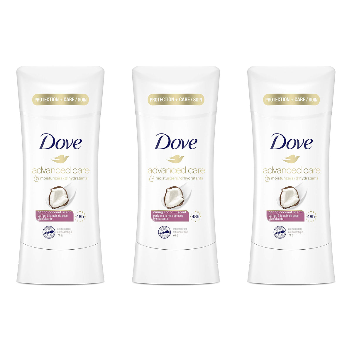 Dove Antiperspirant Stick for Women Caring Coconut Scent, Women's Deodorant, 48 Hour Protection for Soft And Comfortable Underarms 74 g (Pack of 3)
