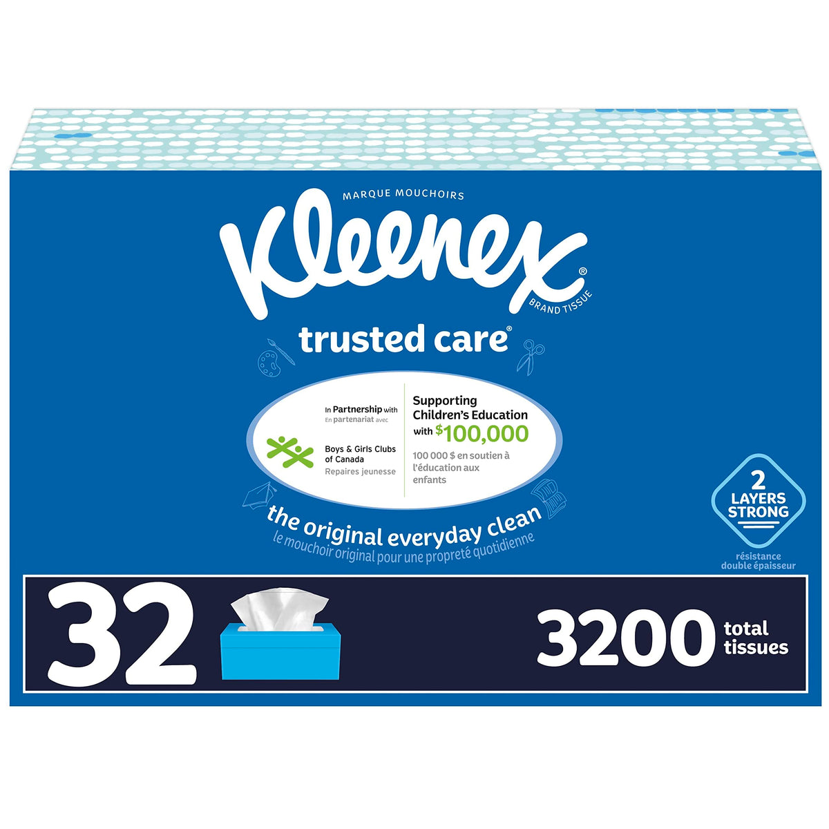 Kleenex Trusted Care Everyday Facial Tissues, Hypoallergenic, 32 Flat Boxes, 100 Tissues per Box, 2-Ply (3,200 Tissues Total)