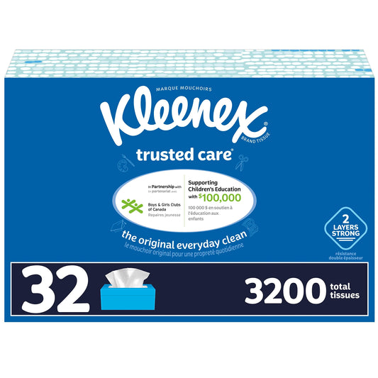 Kleenex Trusted Care Everyday Facial Tissues, Hypoallergenic, 32 Flat Boxes, 100 Tissues per Box, 2-Ply (3,200 Tissues Total)