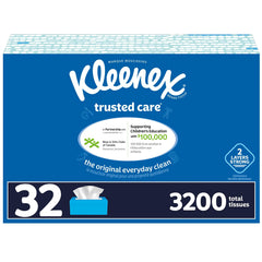 Kleenex Trusted Care Everyday Facial Tissues, Hypoallergenic, 32 Flat Boxes, 100 Tissues per Box, 2-Ply (3,200 Tissues Total)