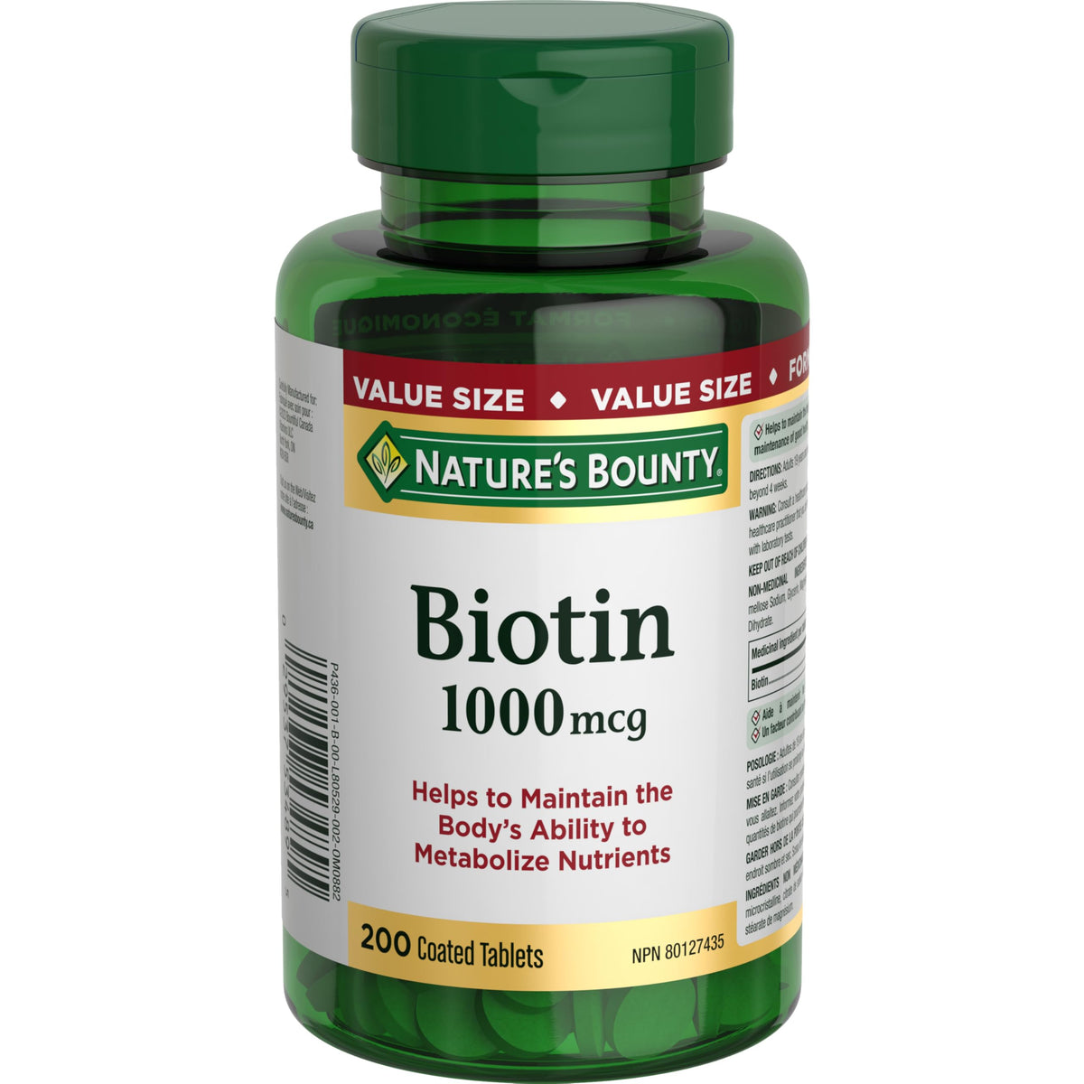 NATURE'S BOUNTY Biotin, 1000 mcg, Helps Metabolize Nutrients, Value Size, Coated Tablets, 72.2 g