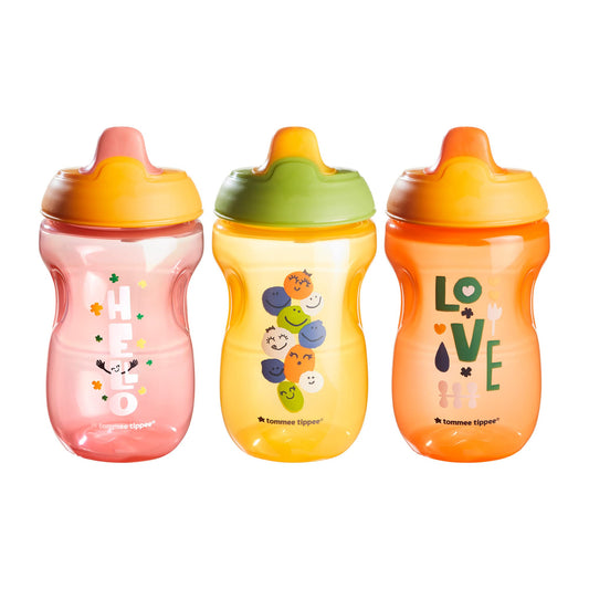 Tommee Tippee Sippee Cup, Water Bottle for Toddlers, 9 Months+, 10oz, Spill-Proof, Bite-Resistant Spout, BPA Free, Pack of 3, Pink, Orange & Red