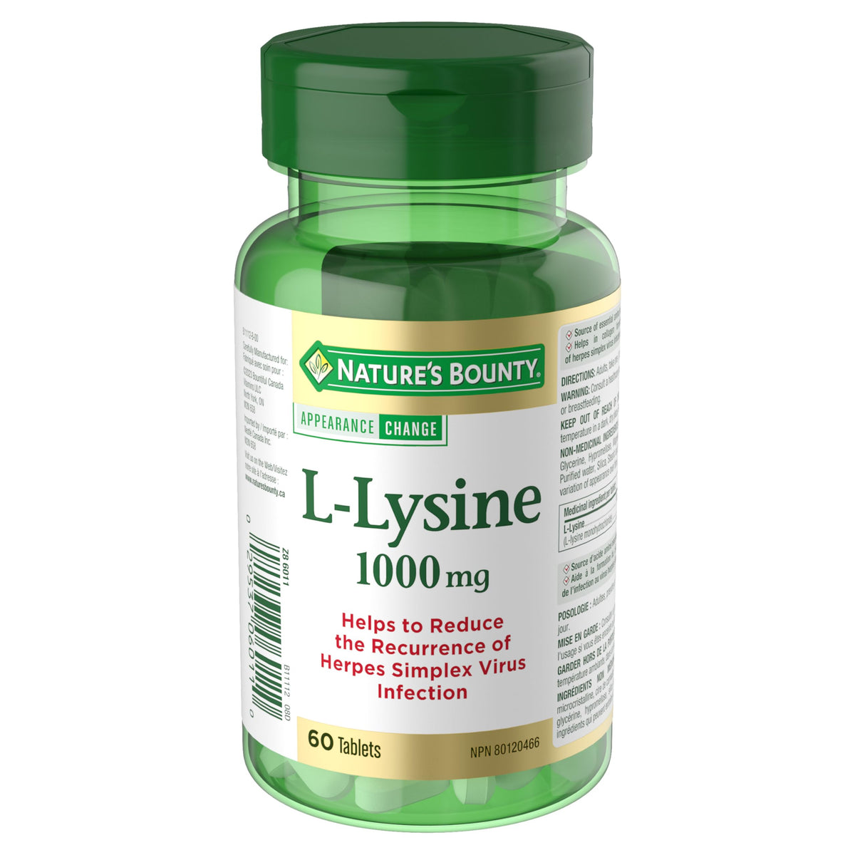NATURE'S BOUNTY L-Lysine, 1000 mg, Helps reduce Recurrence of Herpes Simplex Virus, 60 Tablets, 91 g