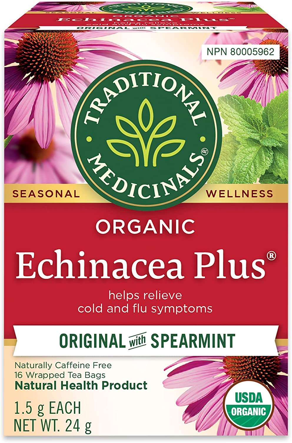 Traditional Medicinals - Organic Echinacea Plus Herbal Tea (Pack of 1) - Help Relieve Cold and Flu Symptoms - 16 Tea Bags Total