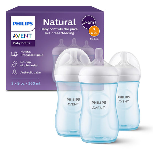 Philips Avent Natural Baby Bottles with Natural Response Nipples (Medium Flow, Flow 3), 9oz, Blue, 3-pack, SCY903/23
