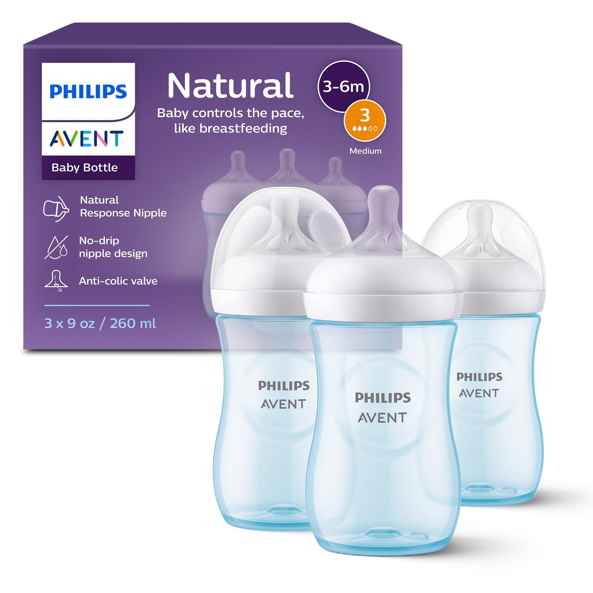 Philips Avent Natural Baby Bottles with Natural Response Nipples (Medium Flow, Flow 3), 9oz, Blue, 3-pack, SCY903/23