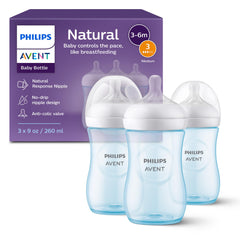 Philips Avent Natural Baby Bottles with Natural Response Nipples (Medium Flow, Flow 3), 9oz, Blue, 3-pack, SCY903/23