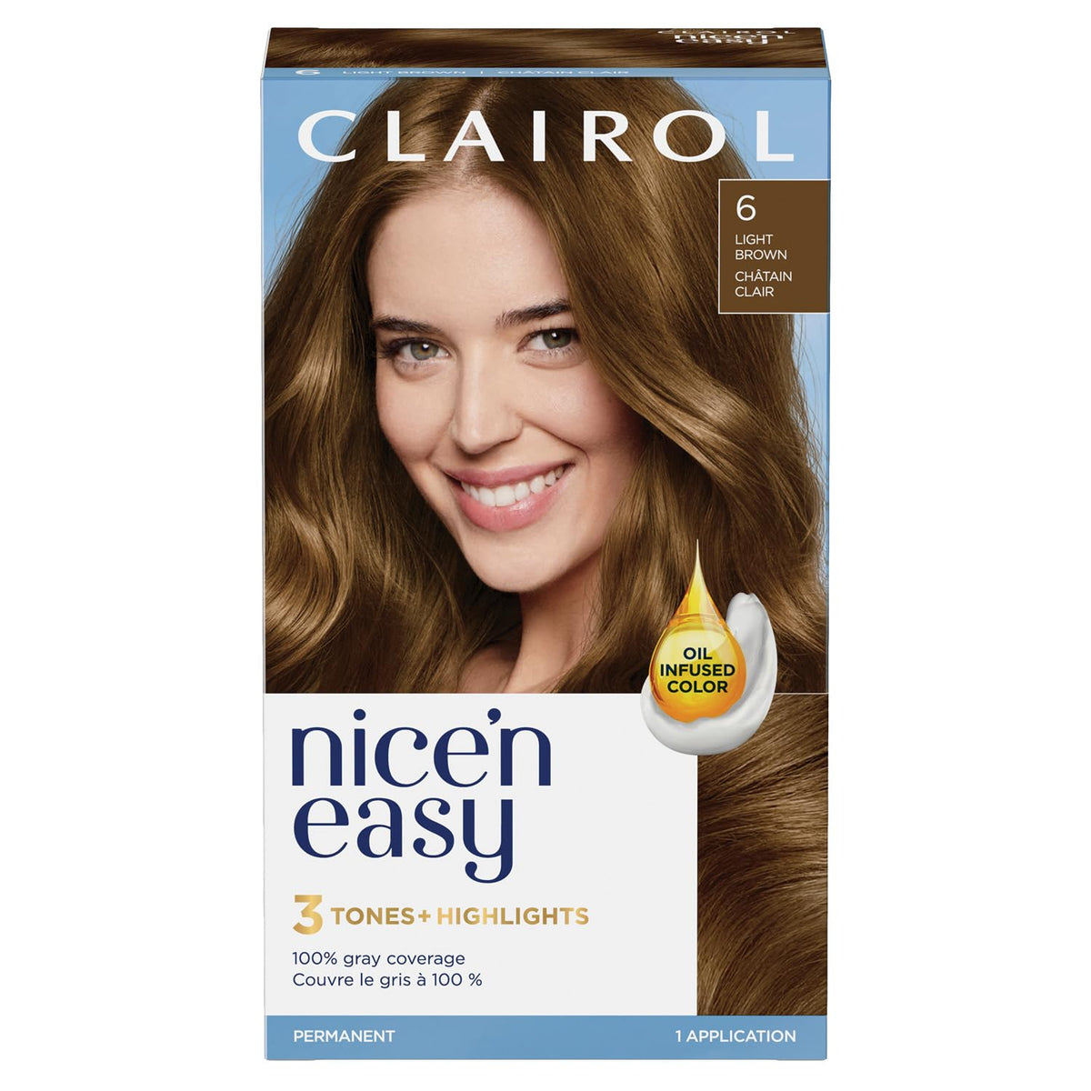 Clairol Nice'n Easy Permanent Hair Dye, 6 Light Brown | 100% Gray Coverage | Long‑Lasting, Natural‑Looking Color & Shine |Pack of 1