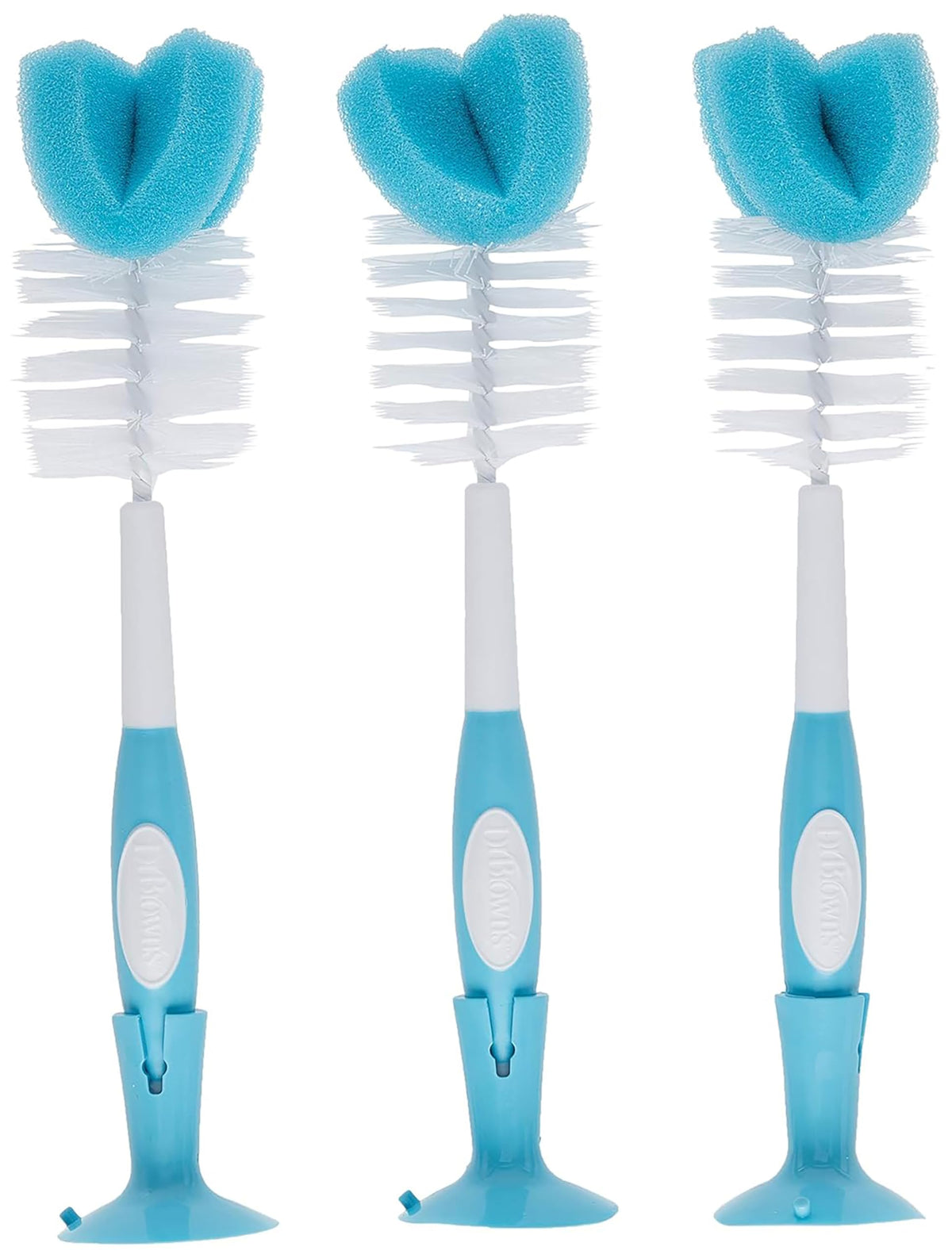 Dr. Brown’s Reusable Sponge Baby Bottle Cleaning Brush Set with Suction Cup Stand, Scrubber and Nipple Cleaner, Blue 3-Pack