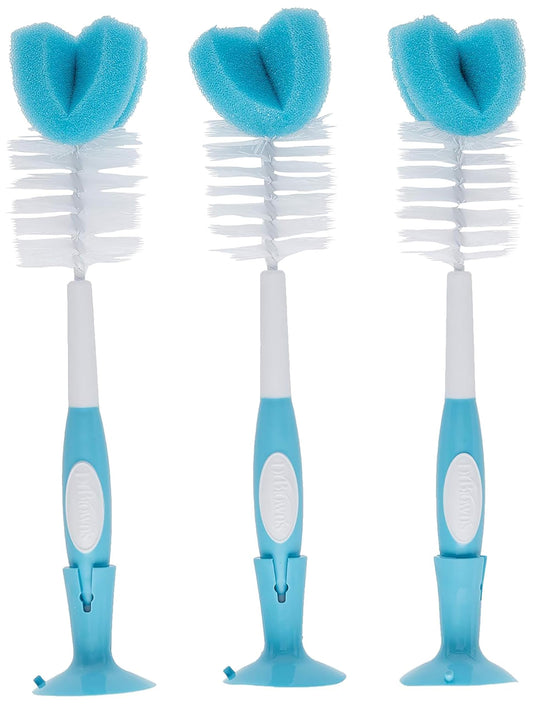 Dr. Brown’s Reusable Sponge Baby Bottle Cleaning Brush Set with Suction Cup Stand, Scrubber and Nipple Cleaner, Blue 3-Pack