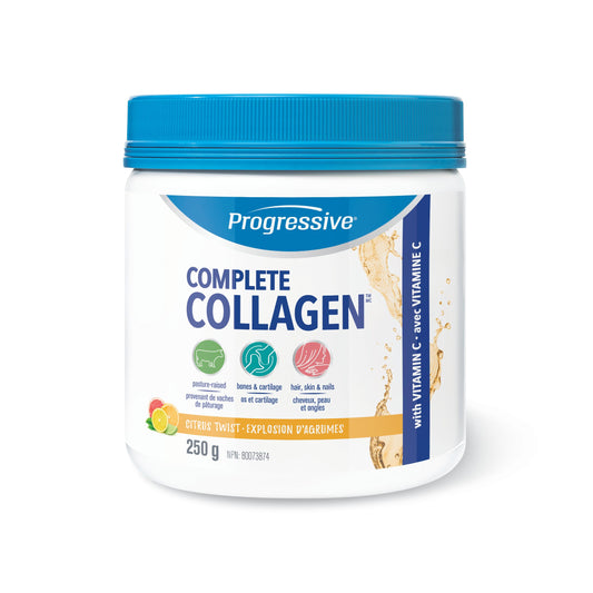 Progressive Complete Collagen Citrus Twist, Canadian-Made, for Healthier Hair, Skin, Nails and Joints. Grass-Fed Non-GMO with Antioxidants, Hydrolyzed with Vitamin C for Best Absorption, 250 g