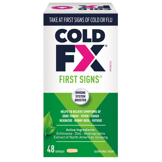 COLD-FX First Signs, Helps to relieve symptoms of sore throat, fever, cough, headache, runny nose, fatigue, North American Ginseng Extract, Echinacea, Andrographis & Zinc, 48 Vegan Capsules