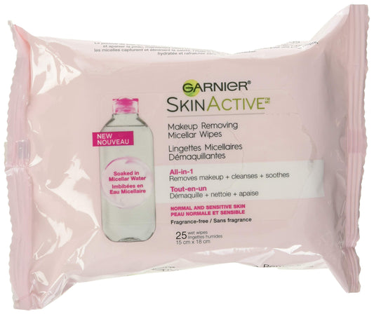 Garnier SkinActive Micellar Makeup Removing Wipes for Sensitive Skin, Fragrance-free, 25-Count