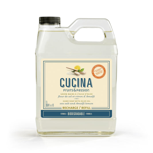 Cucina Fruits & Passion Hand Soap Refill – Sea Salt & Amalfi Lemon – 1 L (33.8 fl oz) – Olive Oil Enriched Kitchen Hand Soap – Biodegradable Formula – Vegan – Made in Canada