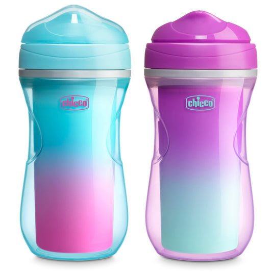 Chicco Double-Wall Insulated Sippy Cup with Bite-Proof Rim Spout and Spill-Free Lid 9oz. | Top-Rack Dishwasher Safe | Easy to Hold Ergonomic Indents | Pink/Teal/Purple Ombre, 2pk | 12+ Months