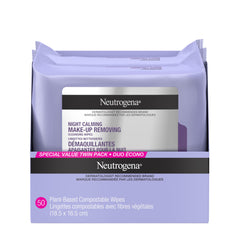 Neutrogena Night Calming Makeup Removing Cleansing Wipes, Nighttime Cleansing Facial Wipes Remove Sweat, Sunscreen, Dirt & Waterproof Makeup & Calming scent, Hypoallergenic, 100% Plant Based Cloth, Twin Pack, 2 x 25 ct